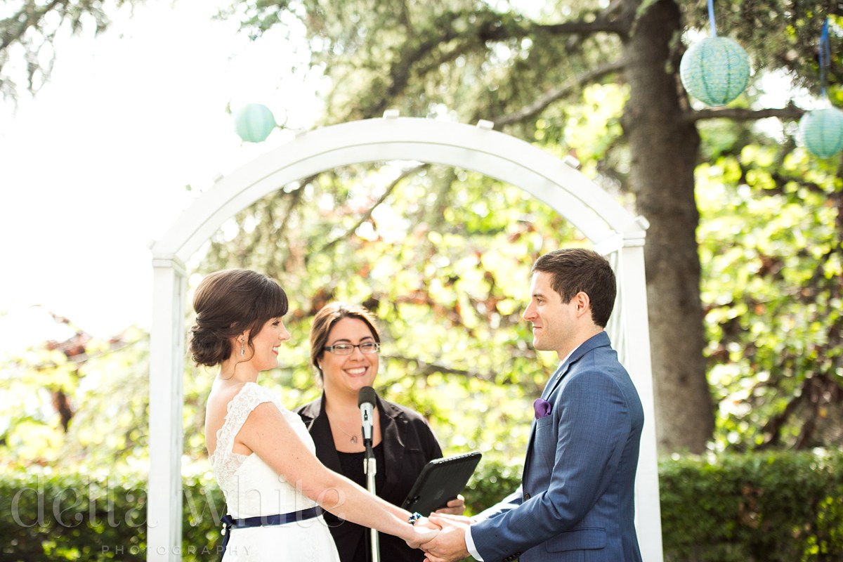 bride and groom during outdoor wedding ceremony with officiant Minister Marie